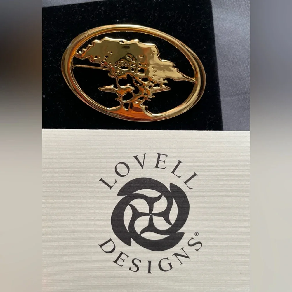 Vintage Lovell Designs Gold Tone Brooch Pin Card Ken Kantro Cypress Tree Signed
